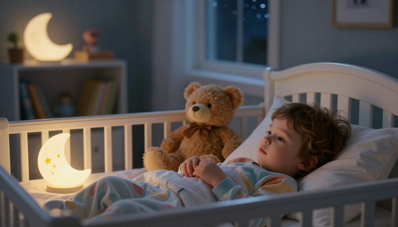 A toddler awake and standing up in the cot at night