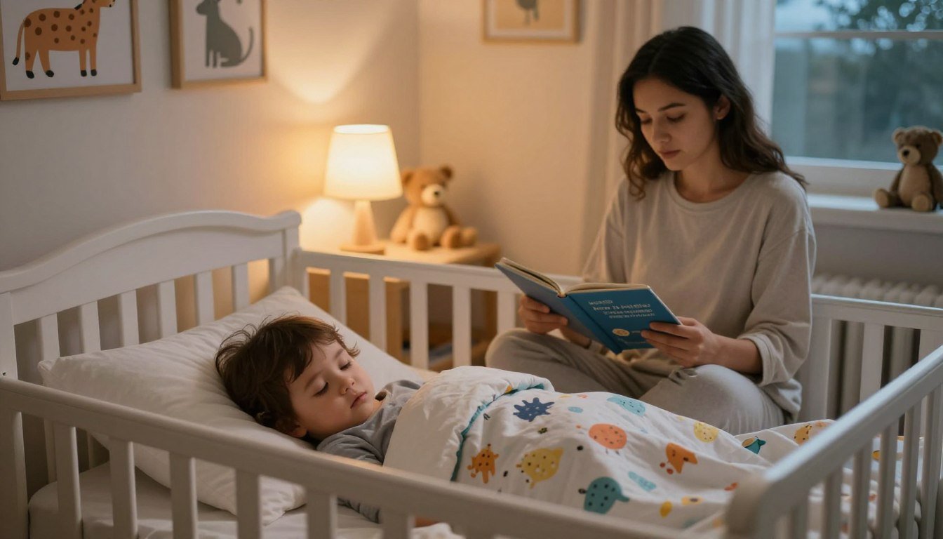 A parent calmly settling a toddler back to sleep
