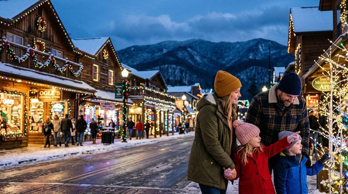 A family with two young children on a snowy mountain-town street lined with Christmas lights in the evening