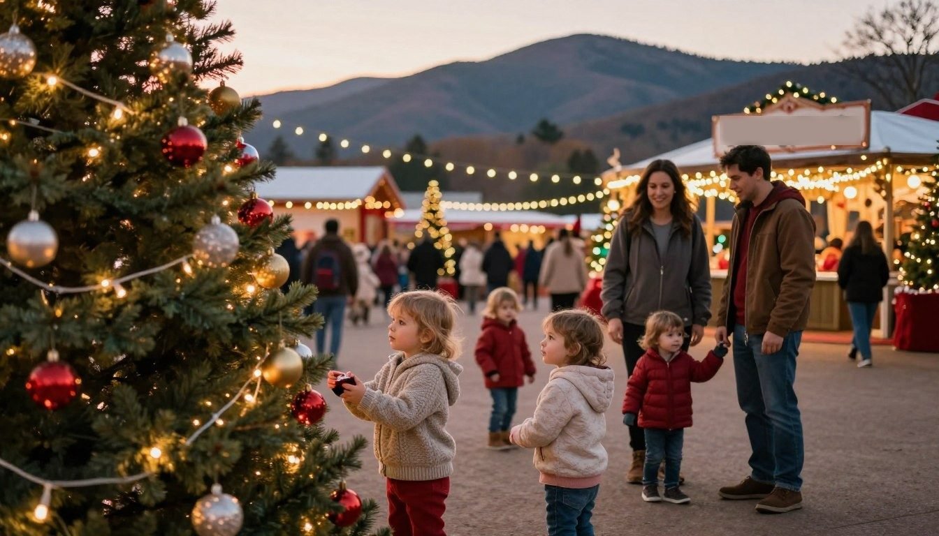 Parents and toddlers in warm coats beside a lit Christmas tree at a mountain theme park at dusk