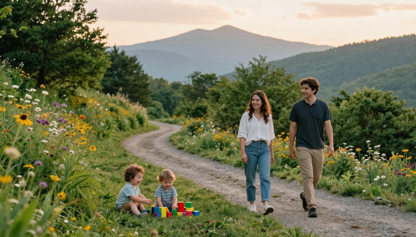 Parents walking a gravel path through wildflowers while two toddlers play with blocks nearby, Smoky Mountains at sunset behind them