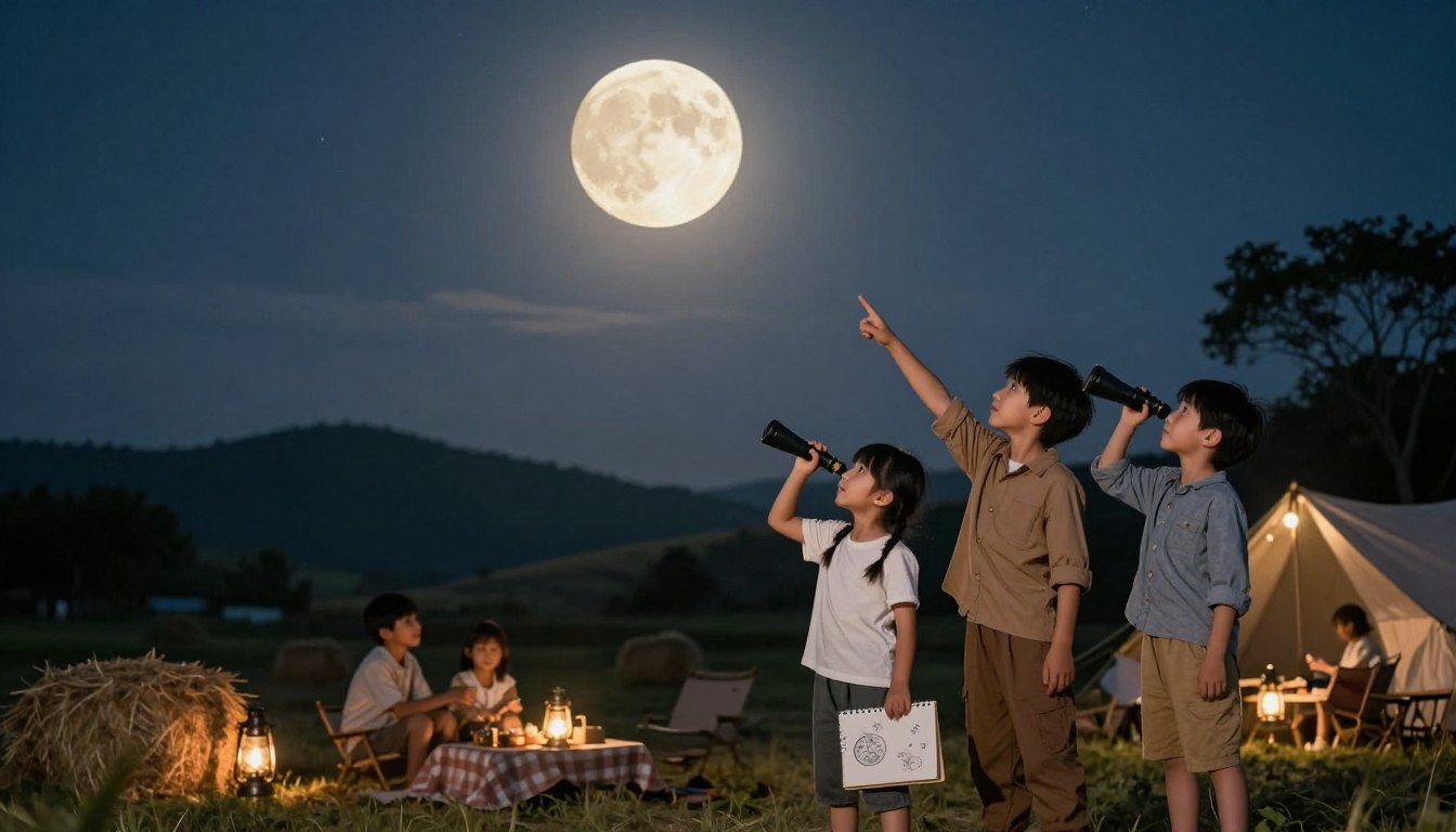 A family watching the harvest moon together on an autumn evening