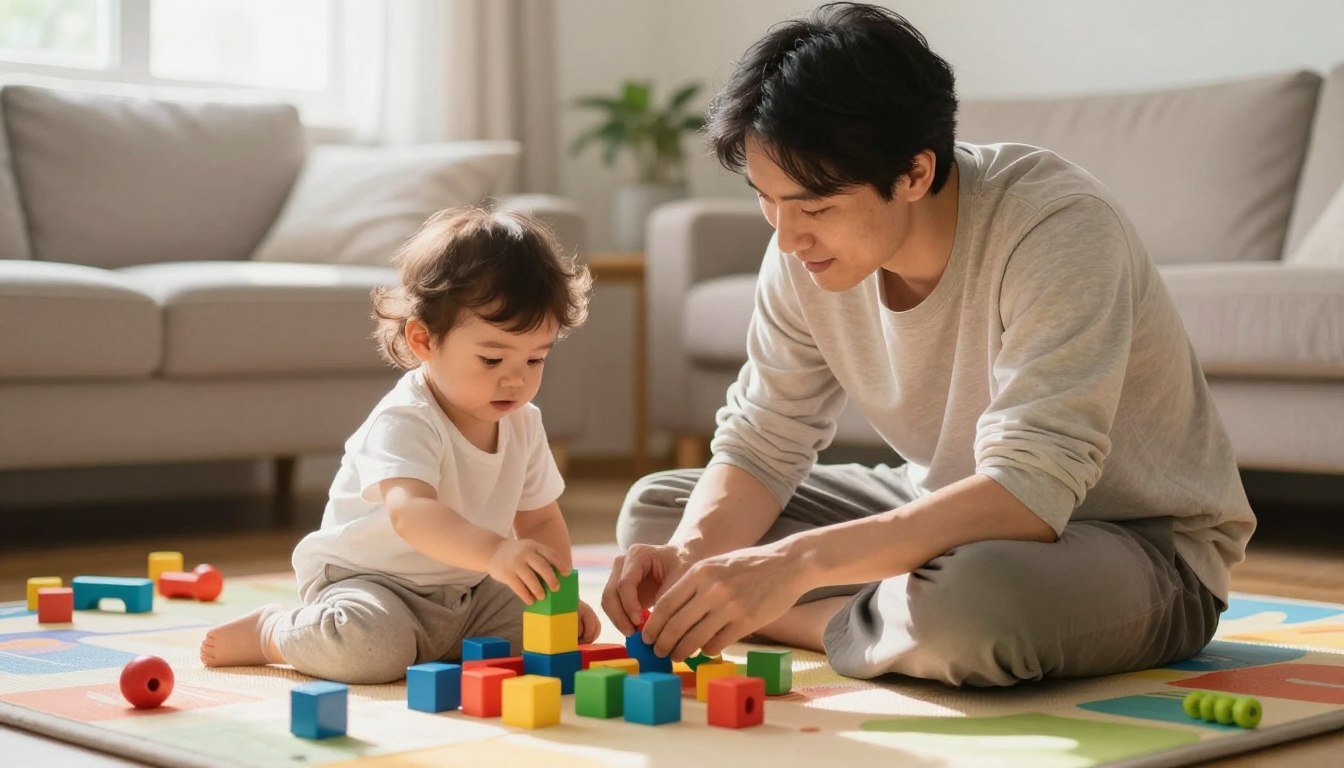 A parent giving a toddler one clear direction at eye level
