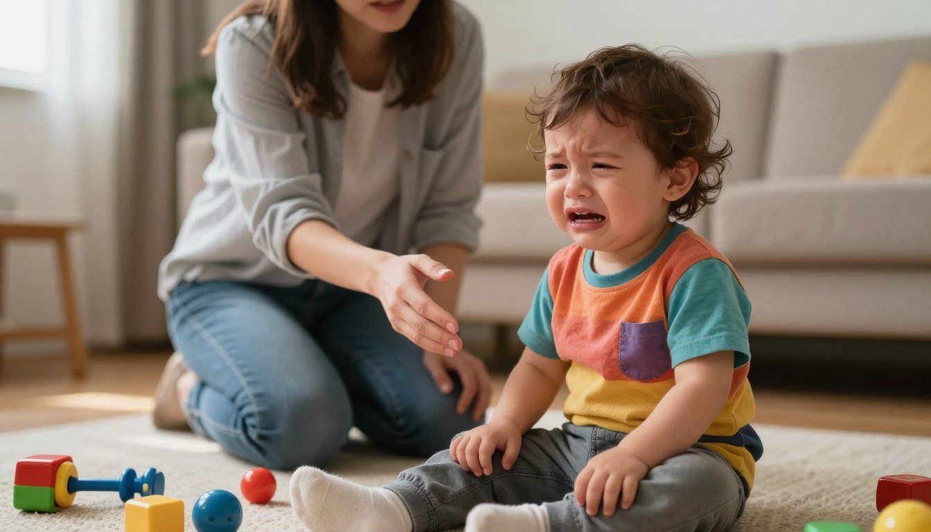 A parent calmly comforting a crying toddler experiencing big emotions