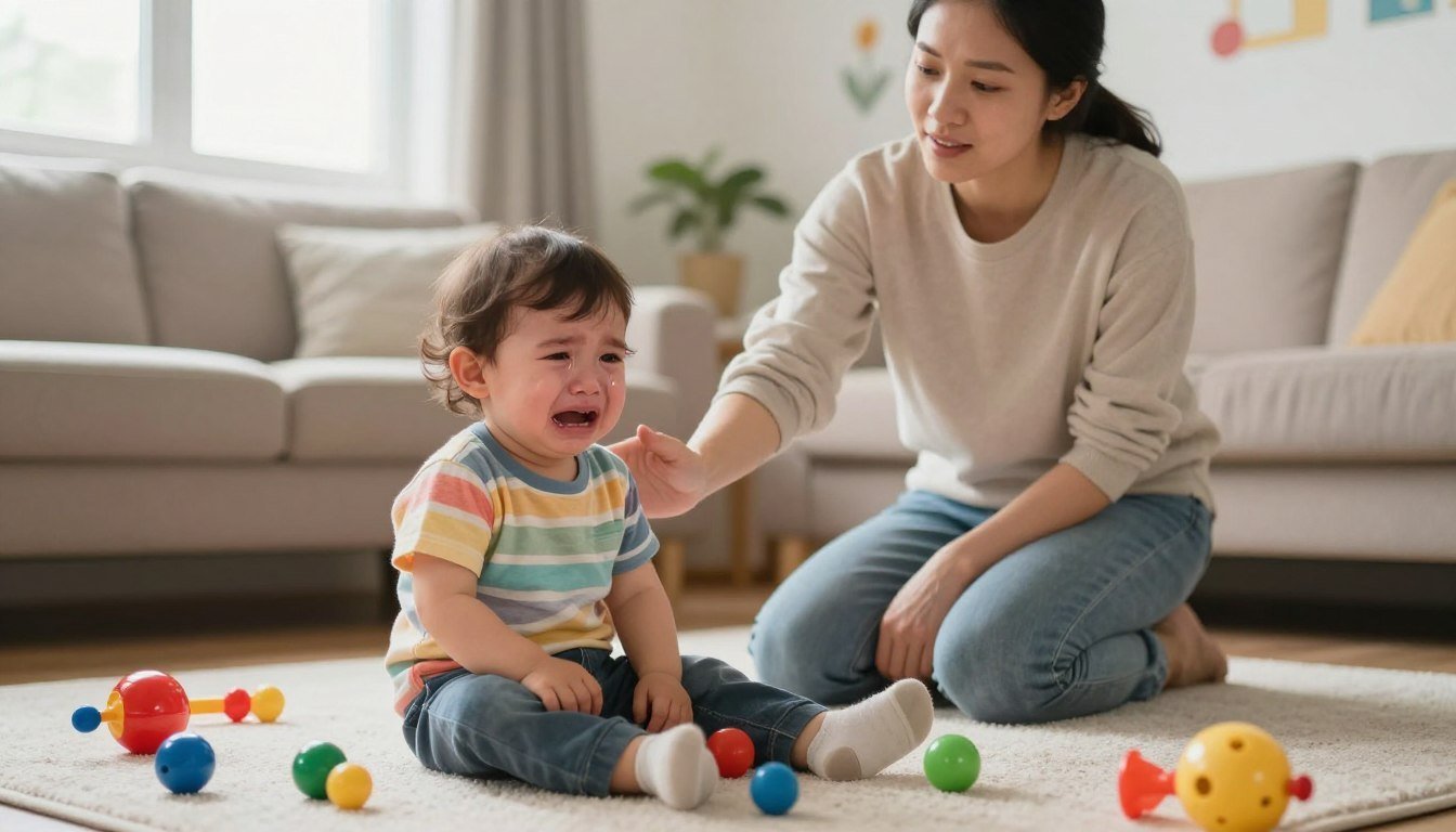 A parent kneeling calmly beside an upset toddler during a meltdown