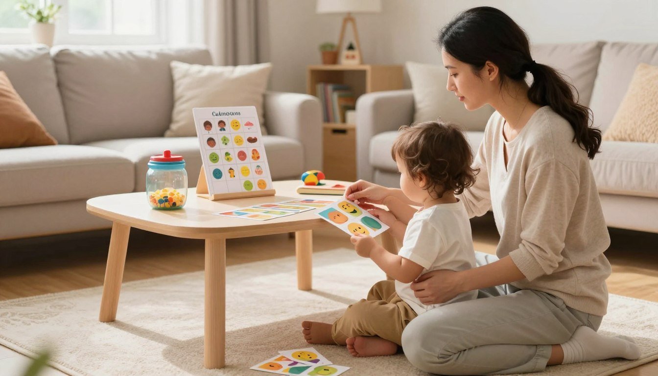 A toddler following a simple visual routine chart with a parent nearby