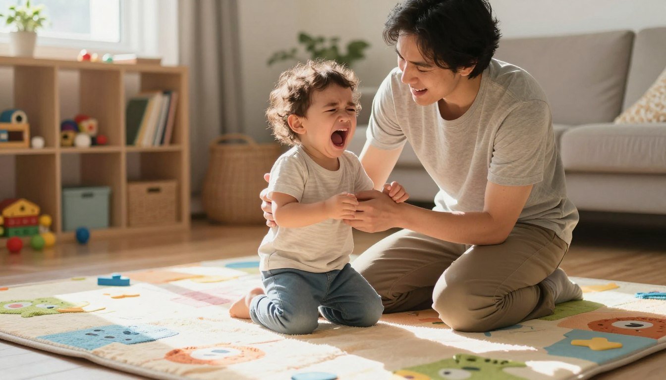 A parent responding calmly to a screaming toddler
