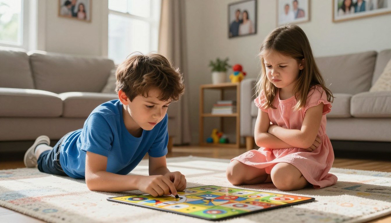 A parent giving two children fair, warm attention