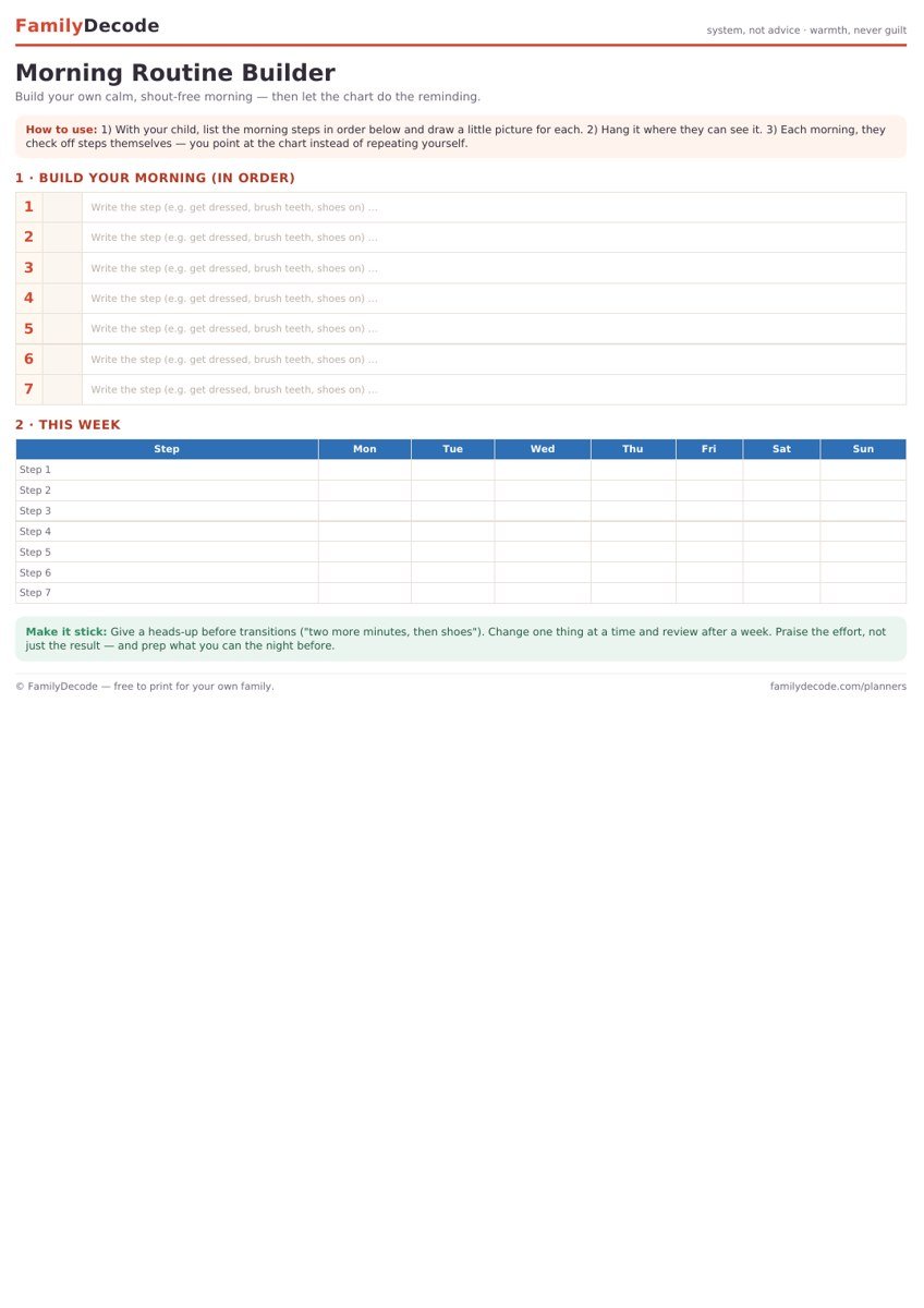 Preview of the free printable Morning Routine Builder