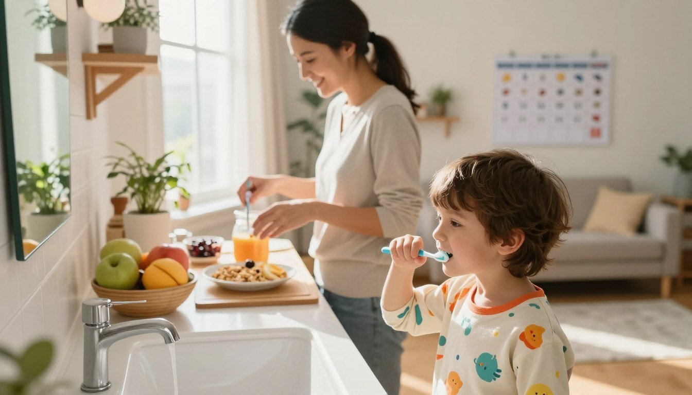 A young child brushing teeth while a parent prepares breakfast, with a visual routine chart on the wall A young child brushing teeth while a parent prepares breakfast, with a visual routine chart on the wall