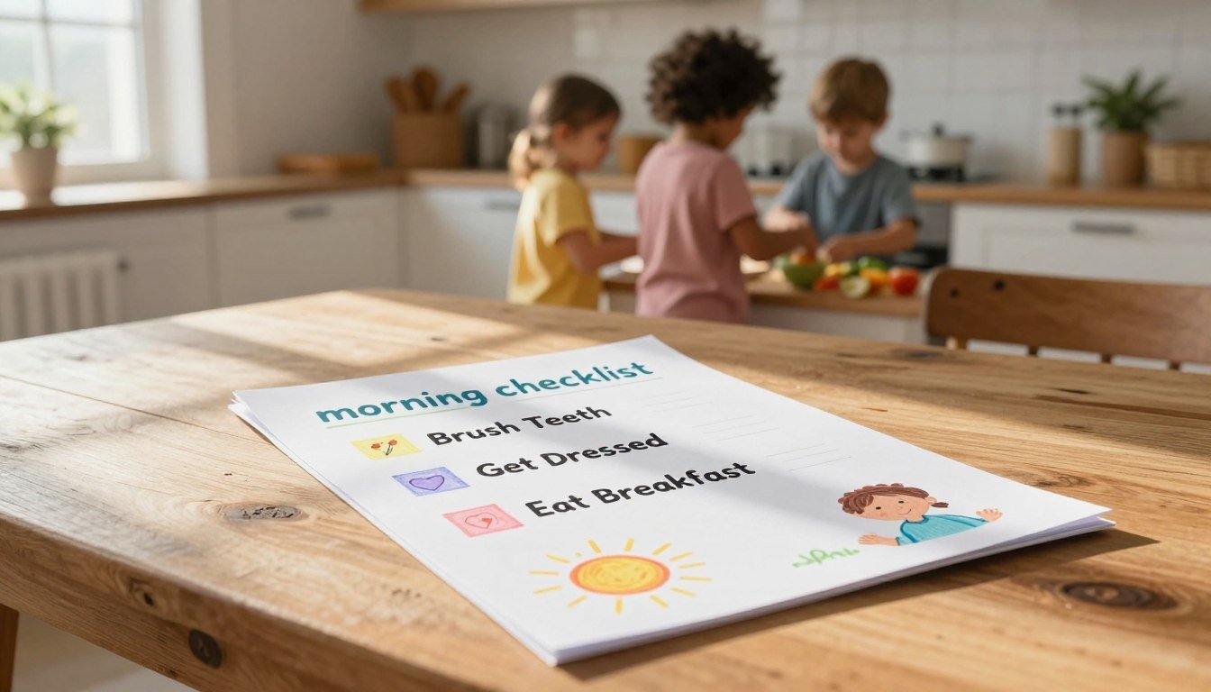 A printable morning checklist on a table: brush teeth, get dressed, eat breakfast A printable morning checklist on a table: brush teeth, get dressed, eat breakfast