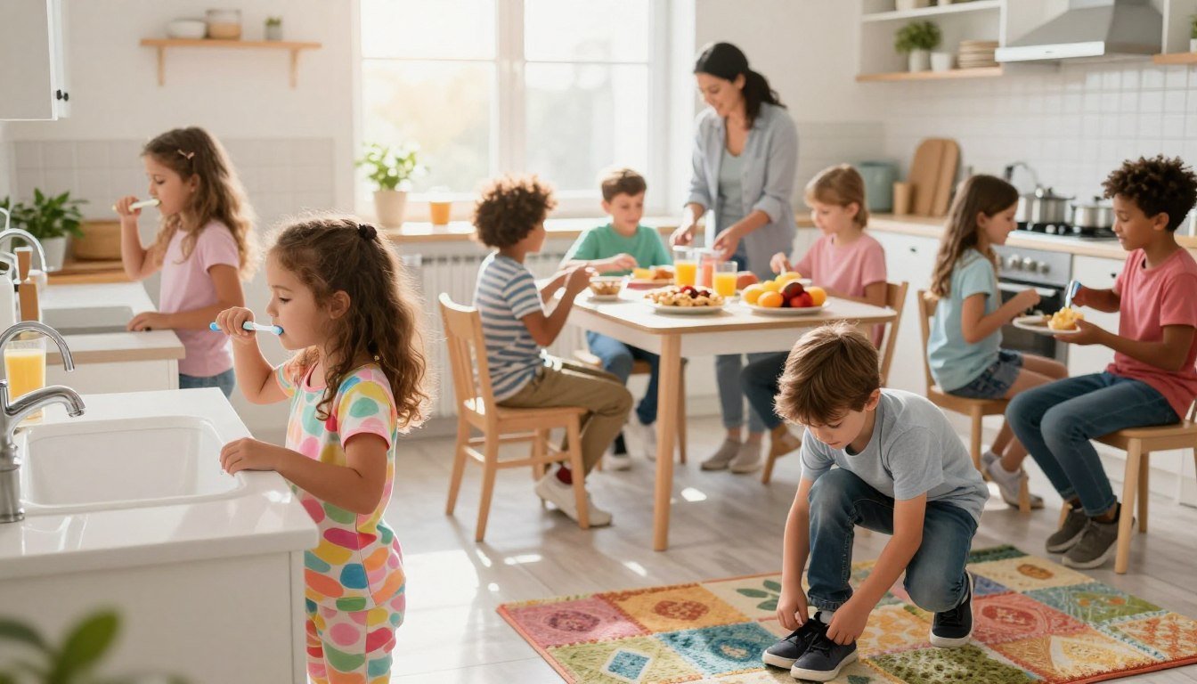 Children brushing teeth, eating breakfast and getting dressed during a calm family morning routine Children brushing teeth, eating breakfast and getting dressed during a calm family morning routine