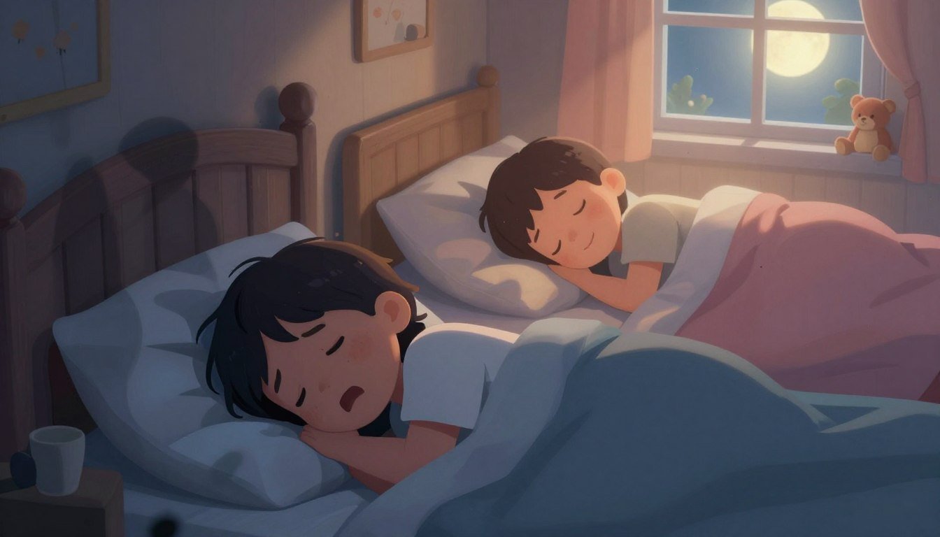 A toddler asleep at night, mouth open mid-episode, beside a sibling