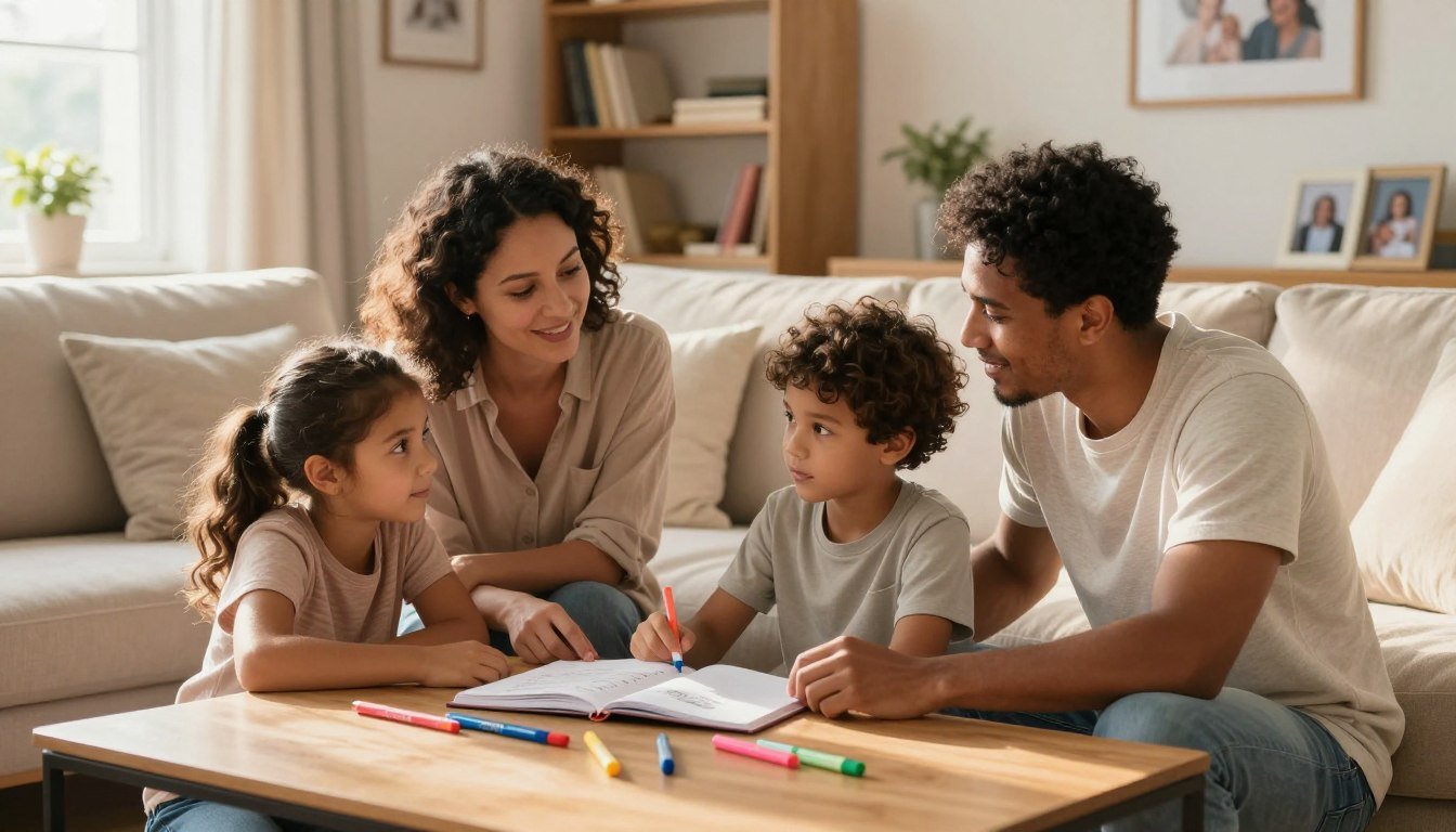 A family agreeing on screen-time rules together at home