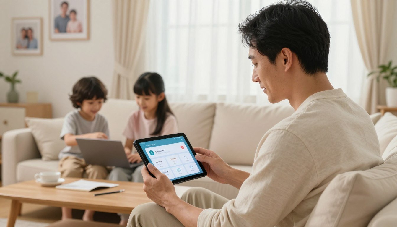 A parent and young child calmly using a tablet together at home