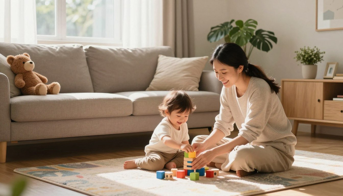 A parent sharing calm one-on-one play time with a toddler at home