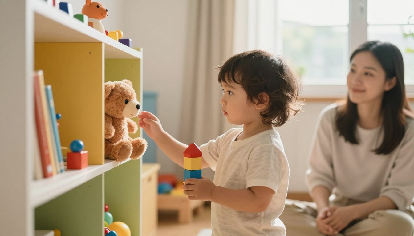 A toddler happily choosing between two shirts held by a parent