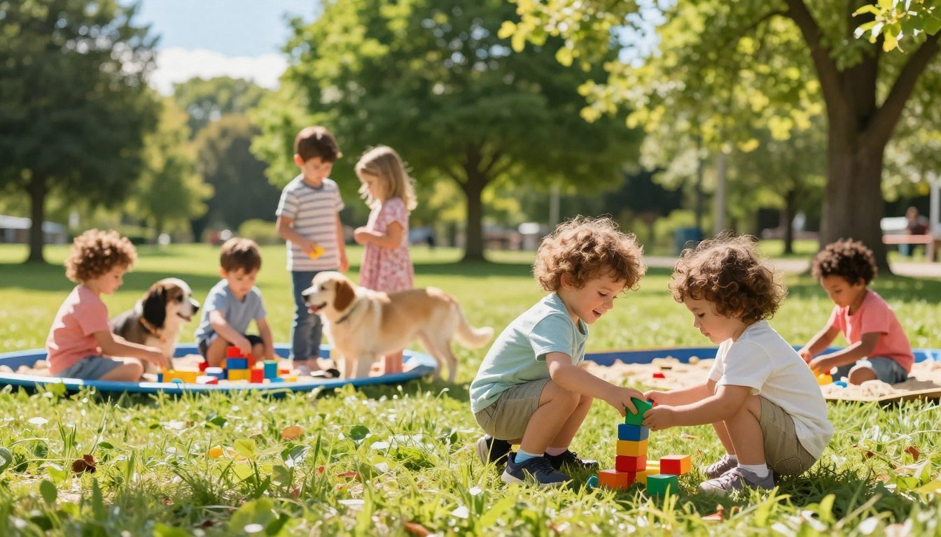 Toddler behavior checklist — observing everyday play Toddlers and young children playing with wooden blocks and dogs in a sunny park