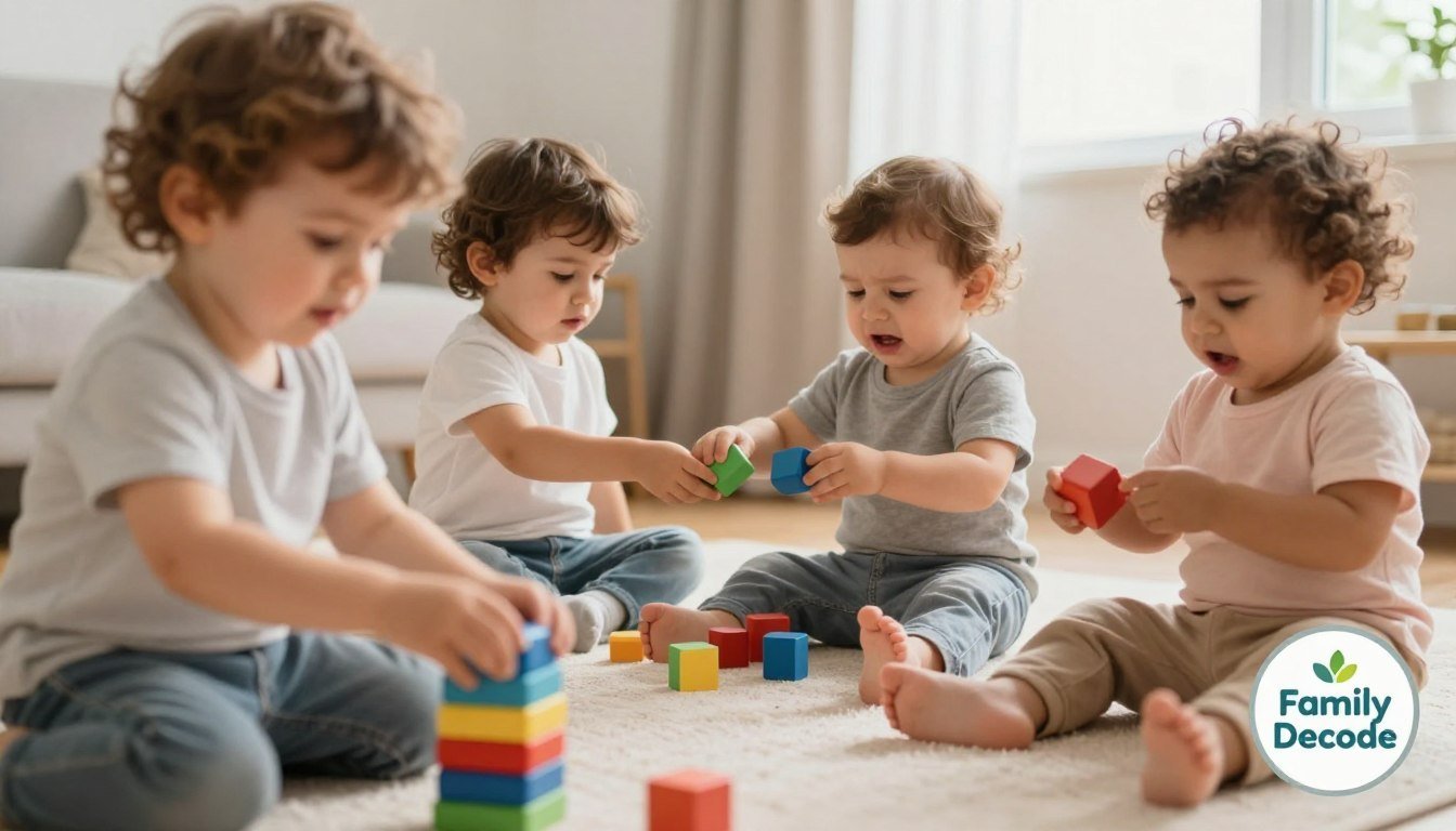 Toddler social play and sharing Four toddlers playing with colorful wooden blocks together on a rug, one sharing a block
