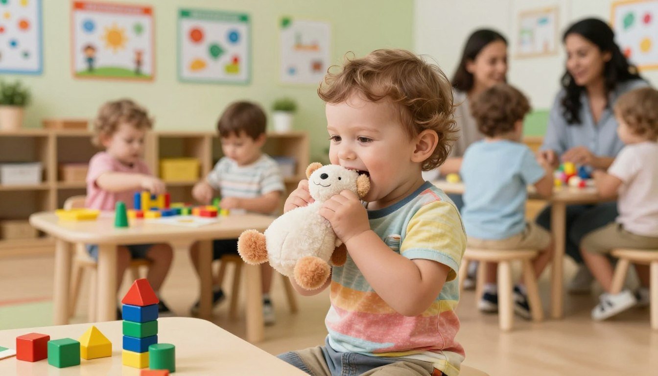 Toddler biting a plush toy in a daycare classroom with other children nearby Toddler biting a plush toy in a daycare classroom with other children nearby