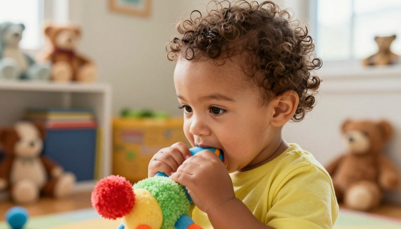 Young toddler mouthing a soft plush toy in a bright playroom Young toddler mouthing a soft plush toy in a bright playroom