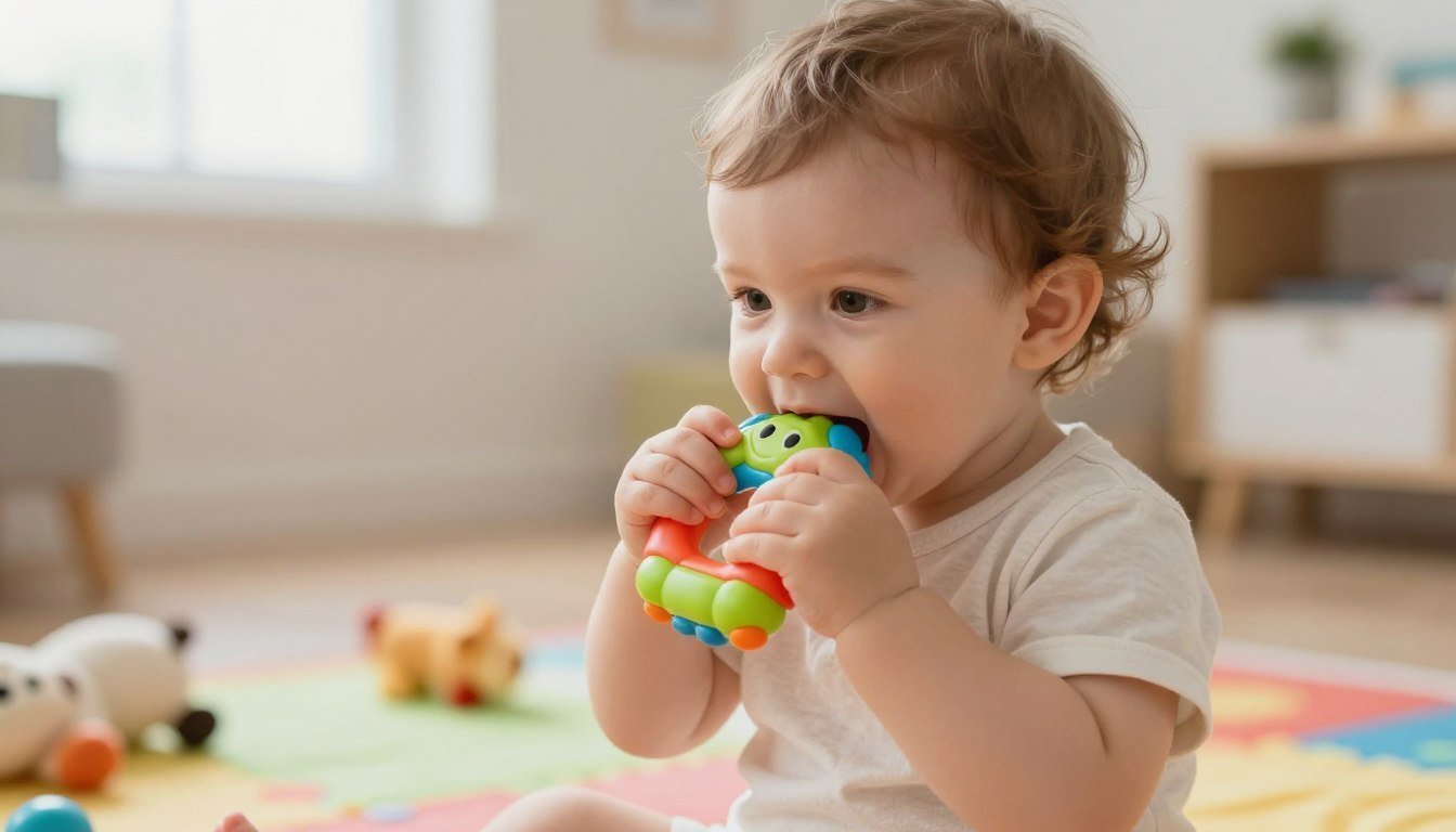 Toddler mouthing a colorful teether toy on a play mat Toddler mouthing a colorful teether toy on a play mat