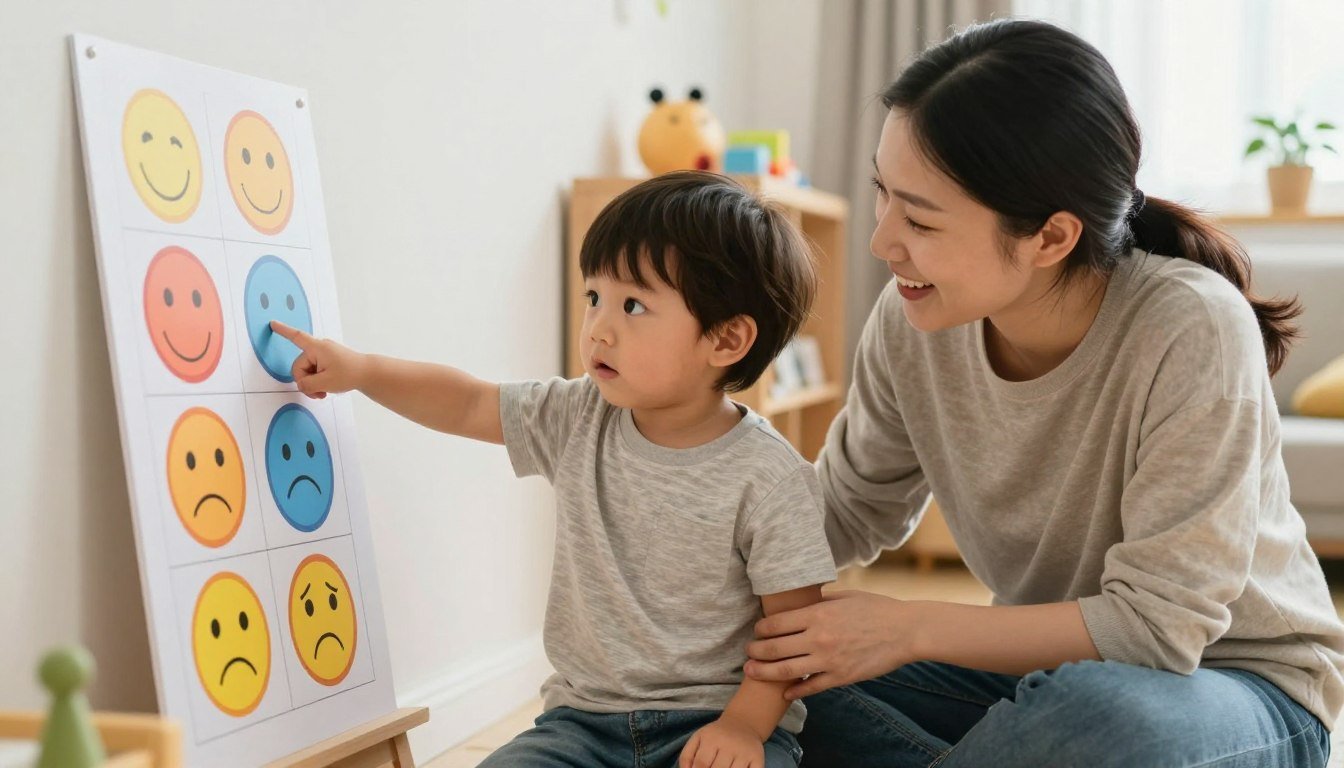 A child pointing to a feelings chart for kids