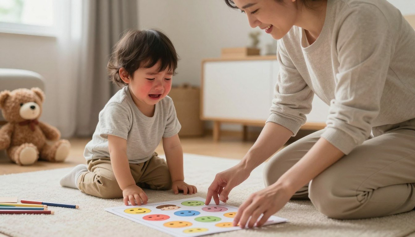 A parent helping a toddler manage emotions with warmth
