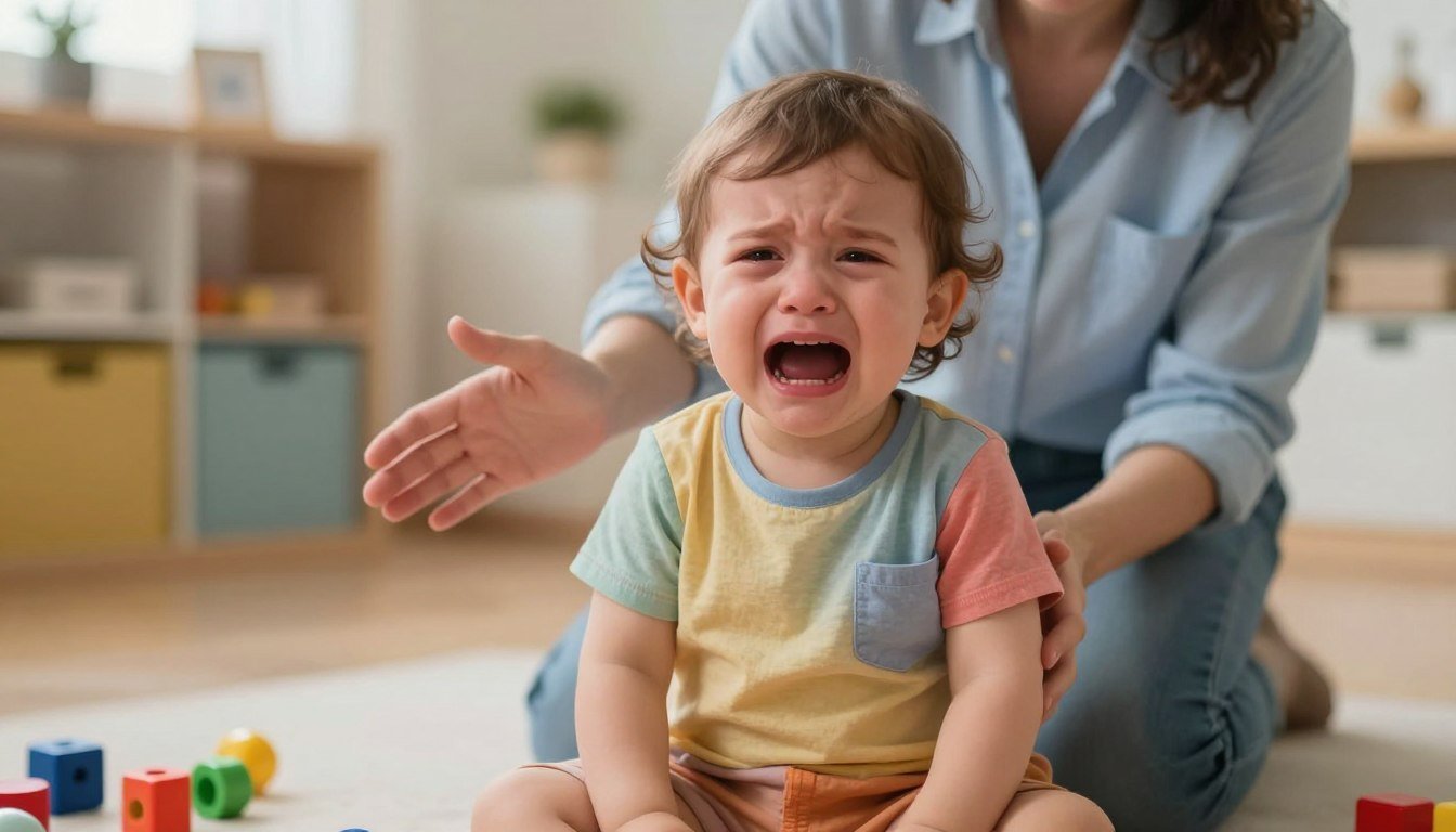 A parent gently co-regulating with an overwhelmed toddler