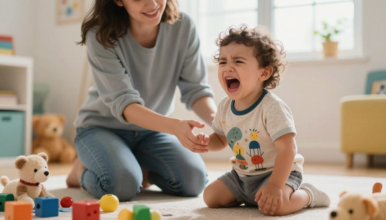 A toddler screaming while a parent stays calm and close