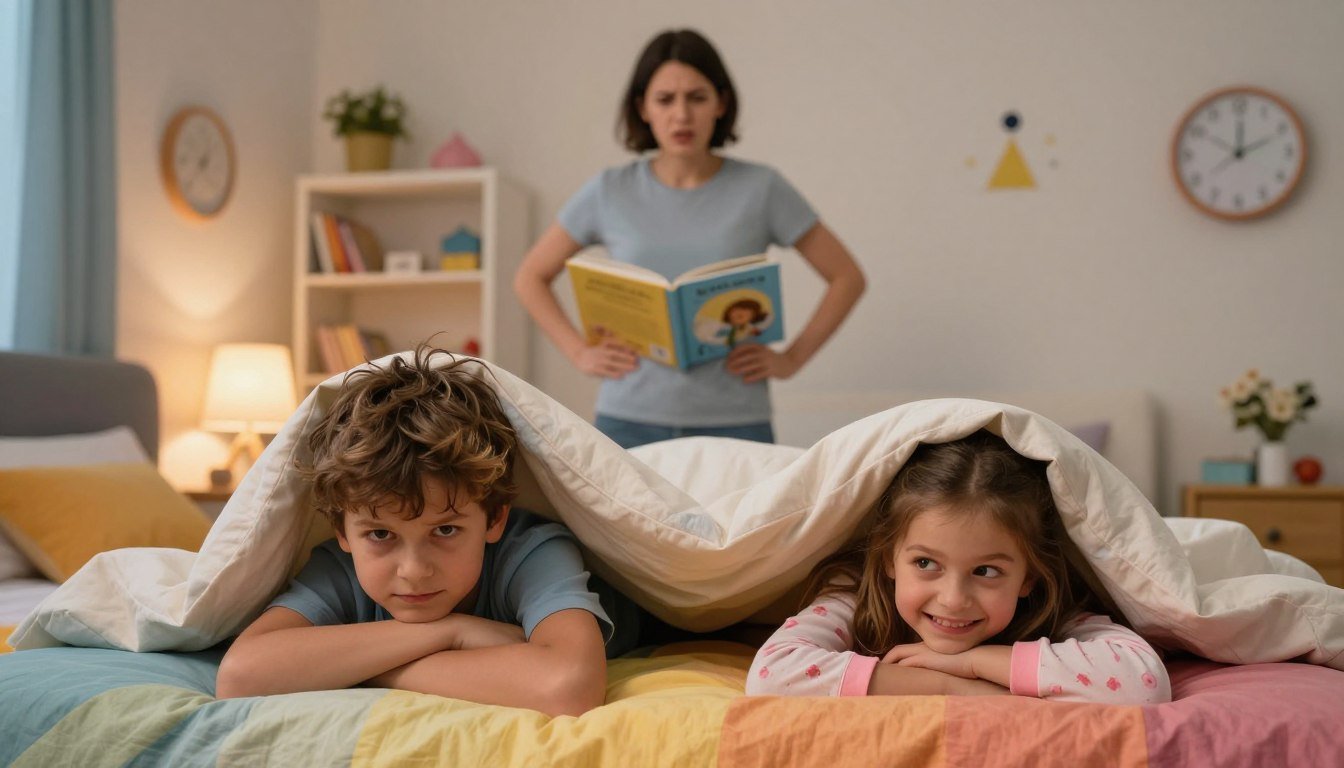 A toddler bedroom at night with a parent nearby holding a storybook