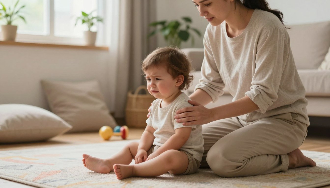 A calm parent gently comforting a tired toddler in a softly lit room