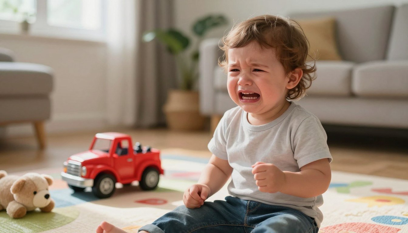 A toddler having a tantrum while a parent stays calm