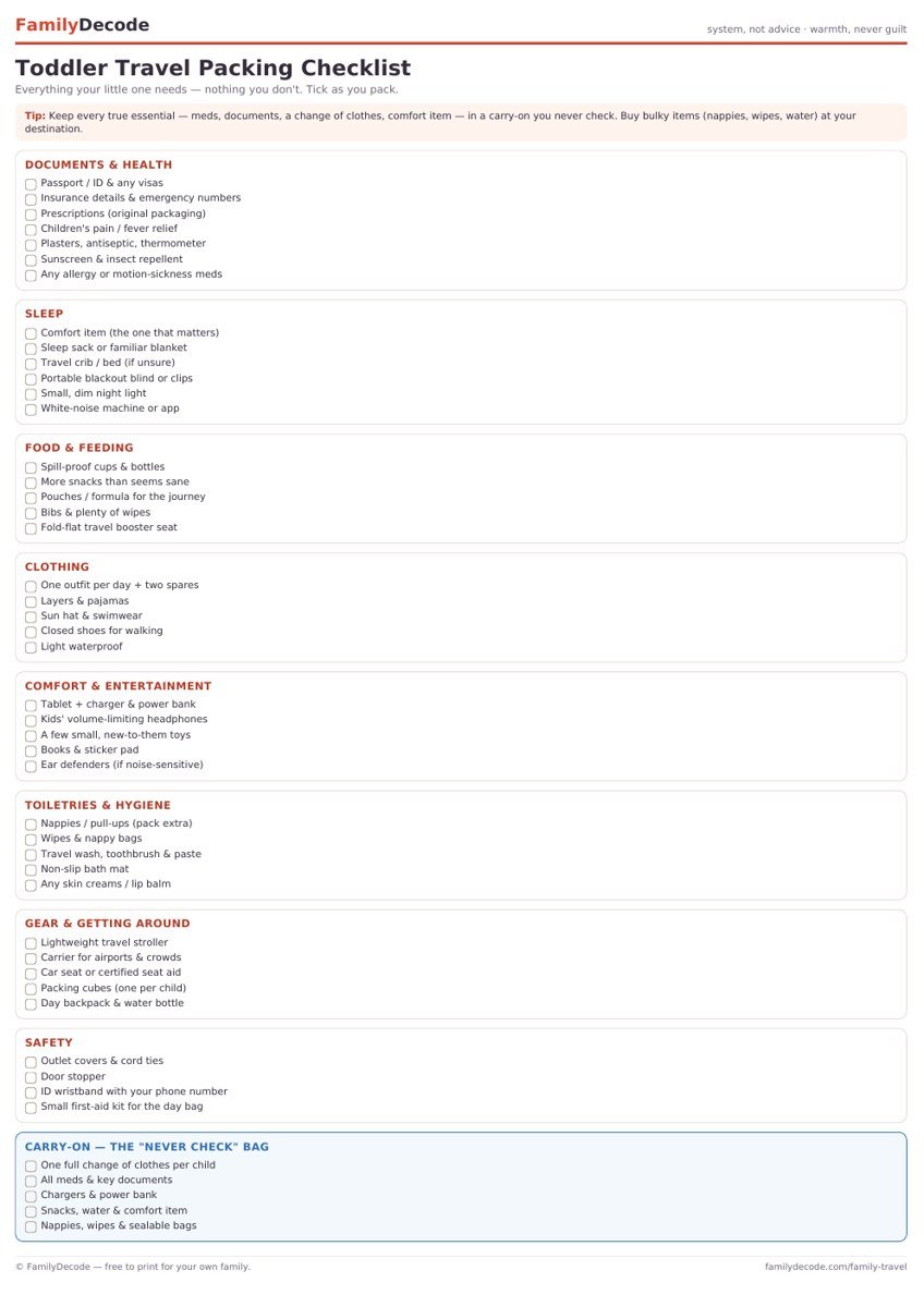 Free printable Toddler Travel Packing Checklist