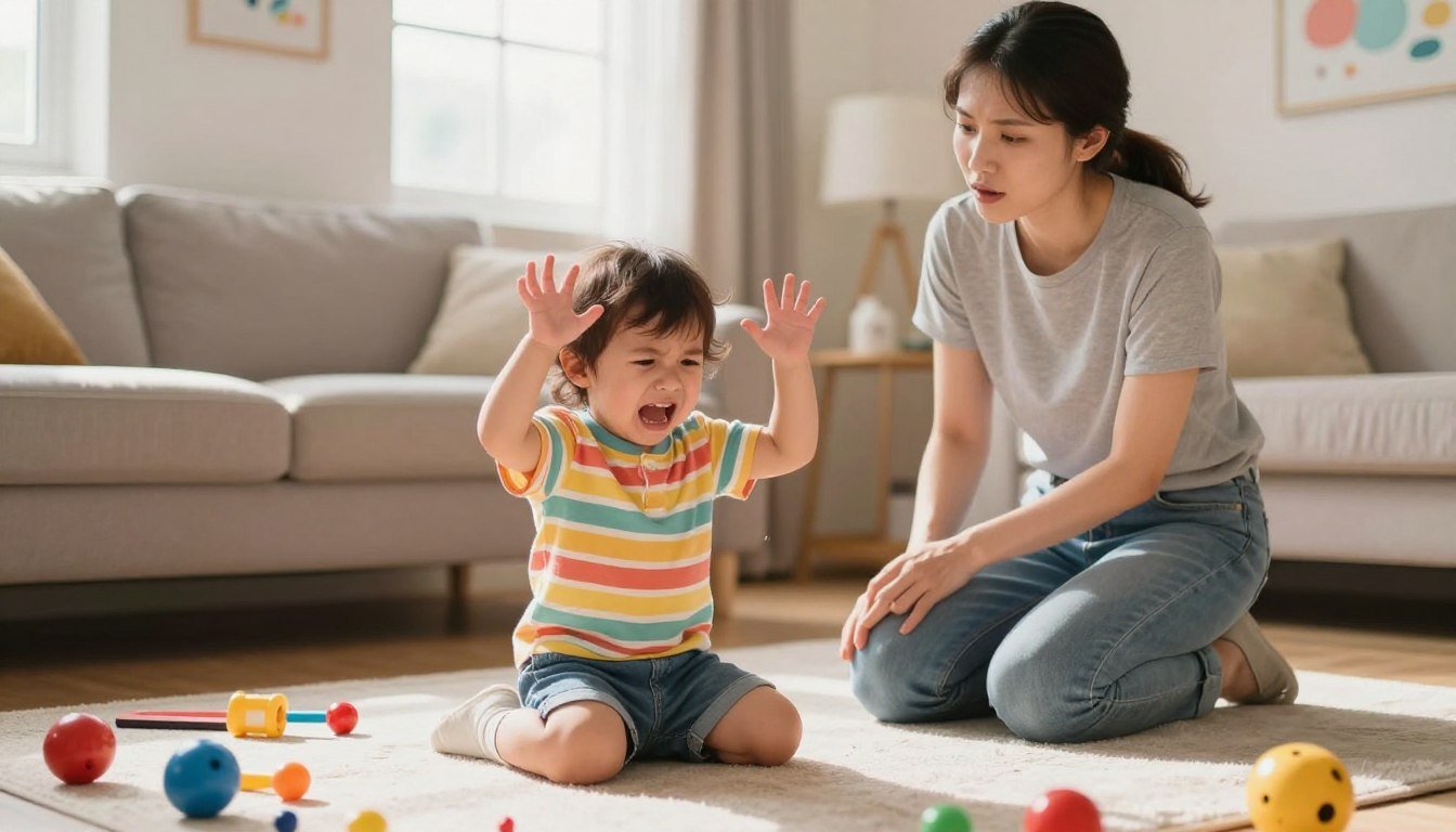 A toddler screaming with big emotions while a parent stays close
