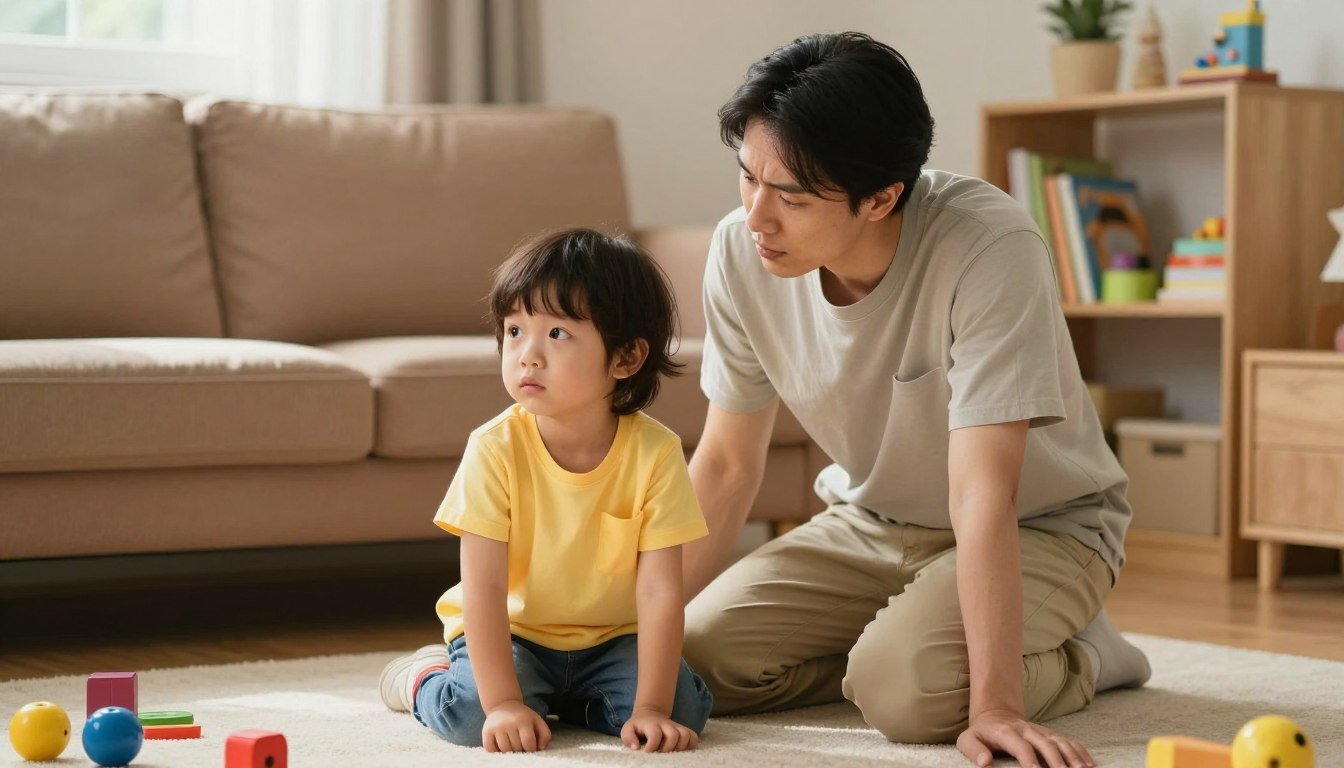 A father kneeling to his young child's eye level in the living room to get their attention