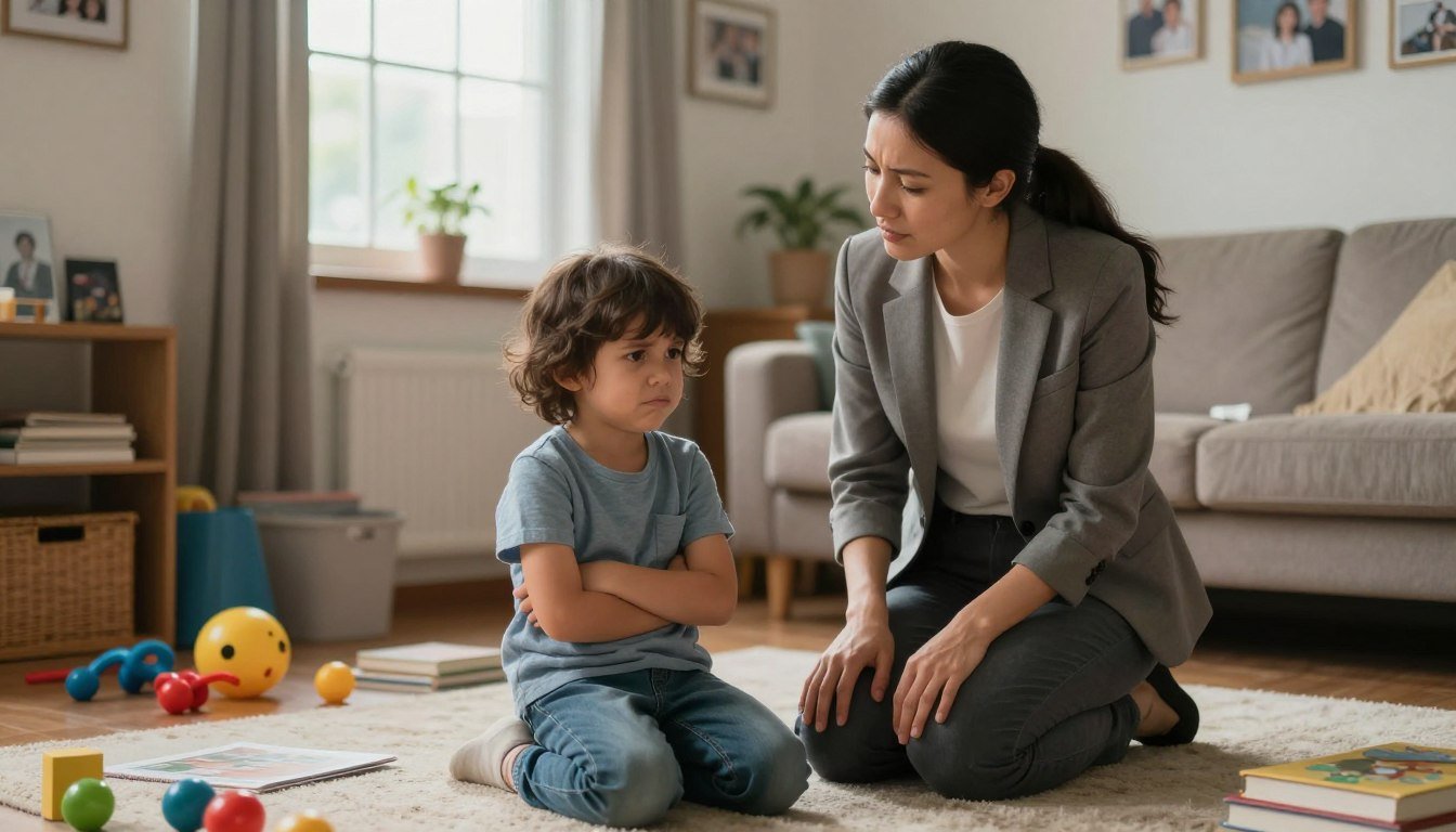 A young child sitting with arms crossed looking upset while a parent kneels and speaks calmly